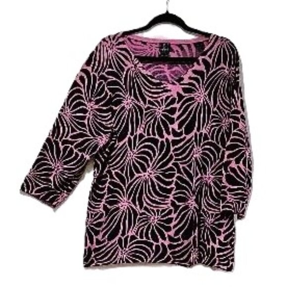Vintage INC BLACK PINK V-NECK ¾ SLEEVE FLORAL SWEATER   2X CRUISE RESORT - Picture 1 of 4